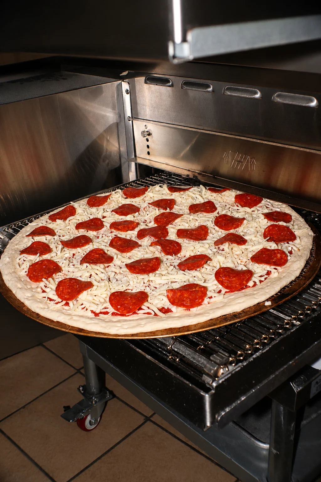 Hand stretched dough dressed with pepperoni before the oven