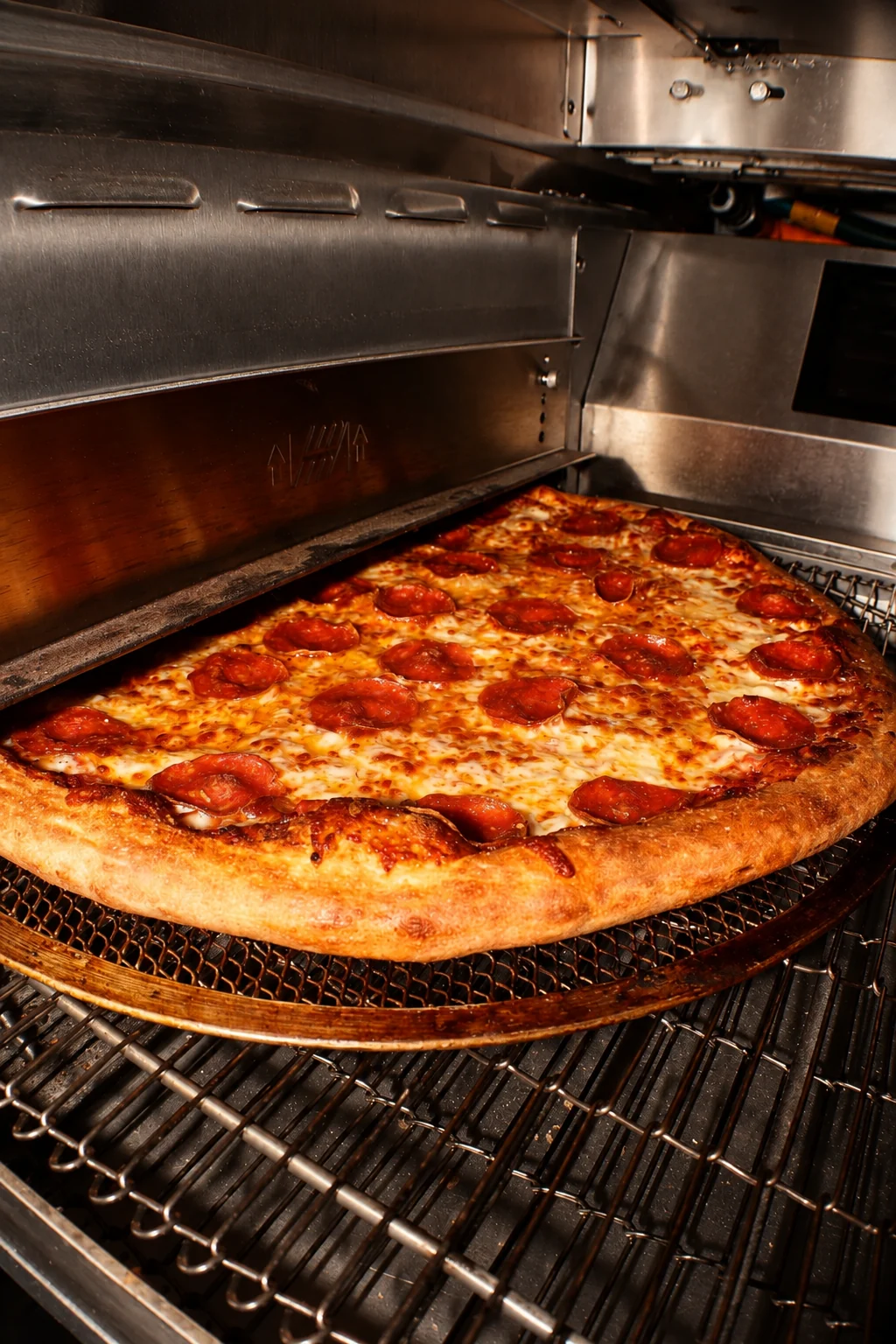 Pepperoni pie coming out of the deck oven